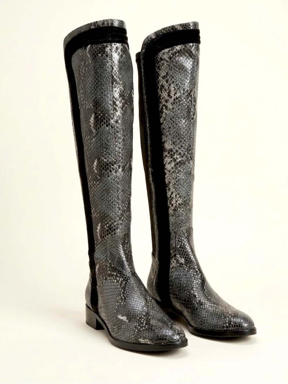 NEW Donald Pliner Black and Gray leather Snakeskin luxury knee high boots